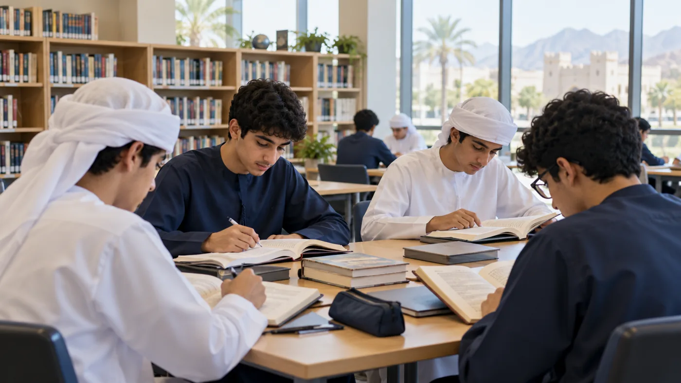 Male students reading together in a school library